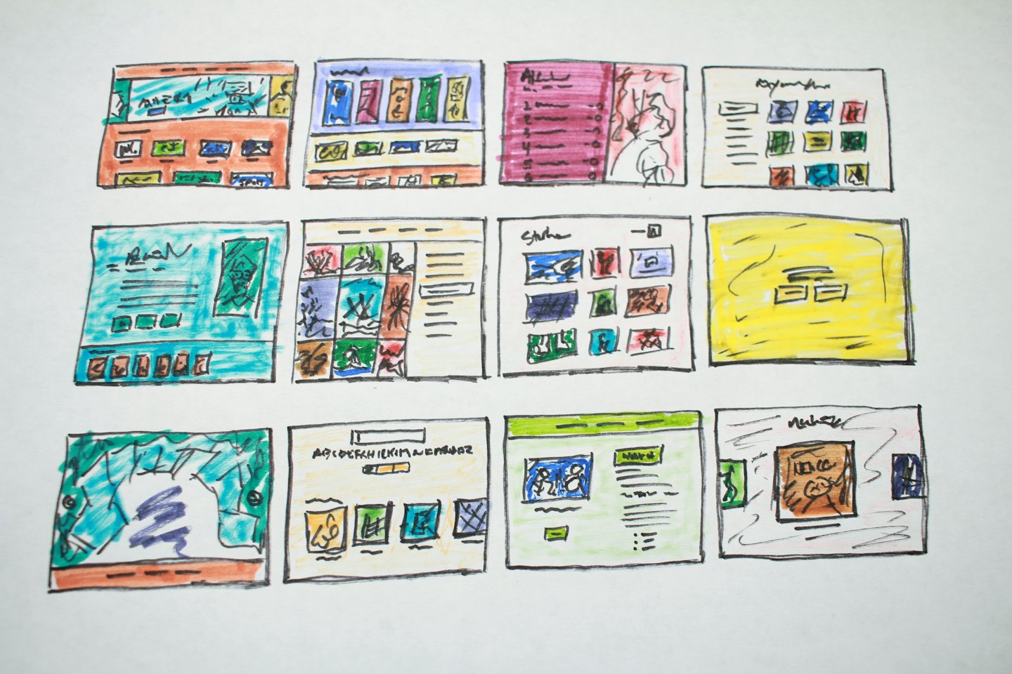 Dua belas sketsa wireframe situs web yang digambar tangan tertata di atas meja.